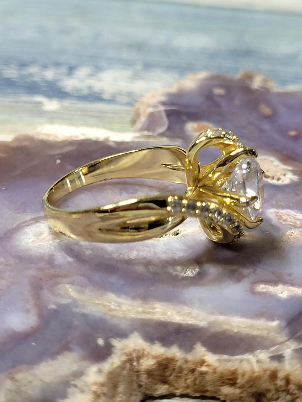 Gold-Tone Solitaire Twist Ring with Clear Crystal Accent - Picture 3 of 5